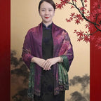 Woman wearing a traditional outfit with a red and gold background