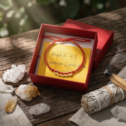 Red bracelet in a red box with crystals and a stick on a wooden surface