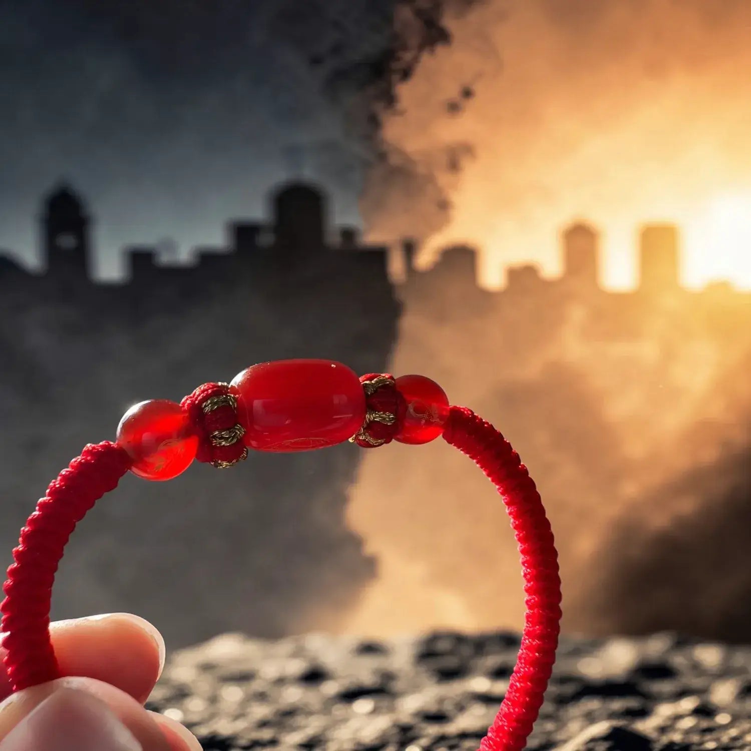 Red beaded bracelet held in front of a castle silhouette with a sunset in the background