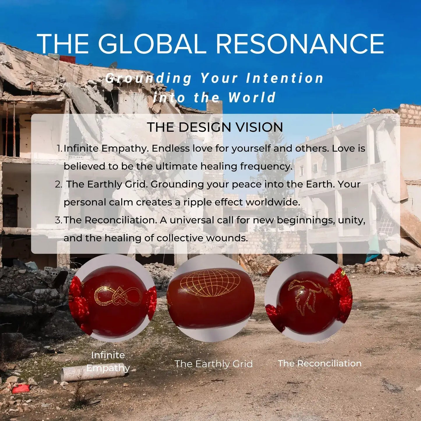 Promotional graphic for 'The Global Resonance' with text and three red and gold objects on a background of damaged buildings.