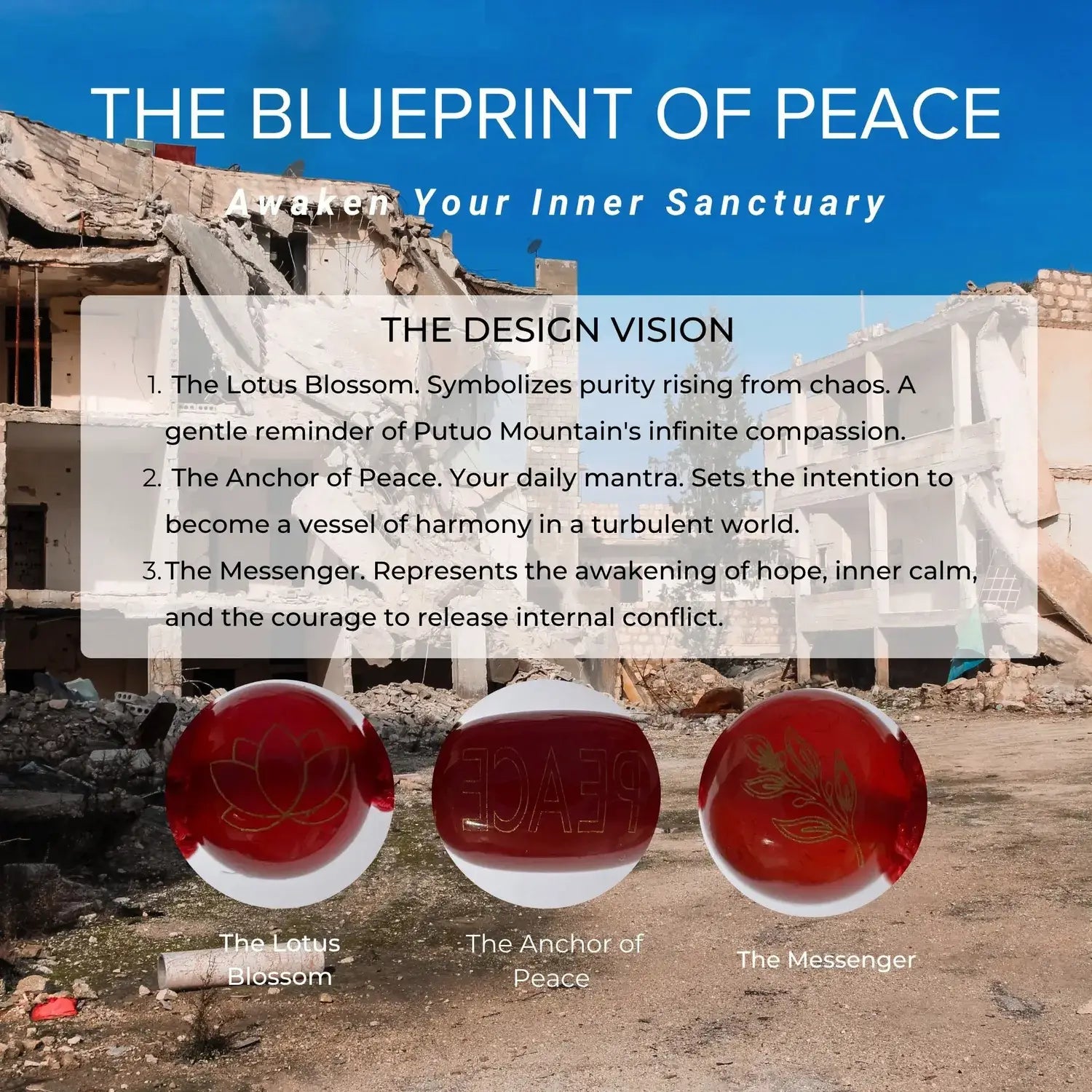 Promotional graphic for 'The Blueprint of Peace' with product images and text overlay.